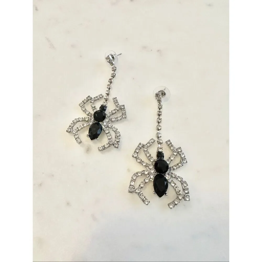 Halloween black rhinestone dangle spider earrings